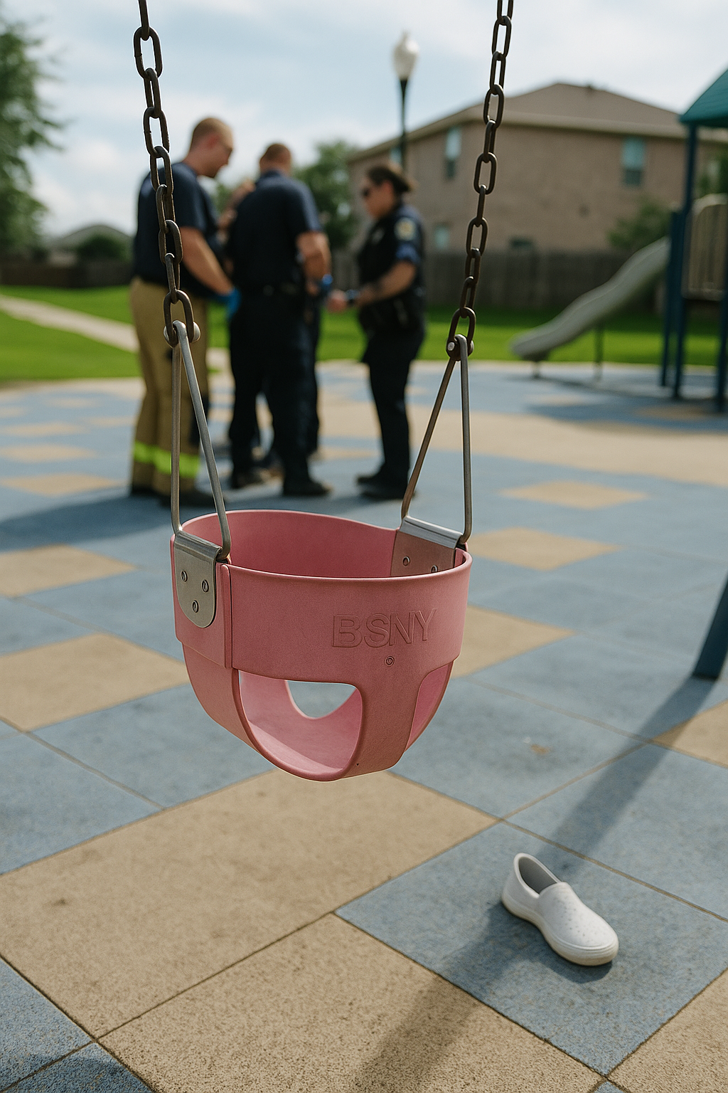 A pink baby swing hangs empty in the foreground of a suburban playground with blue and tan tiles. In the background, slightly out of focus, several emergency responders — including firefighters and a police officer — stand together near where a child was previously stuck.